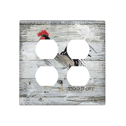 Rooster Grey Wood Grain 2 Gang Double Outlet Light Switch Cover Decorative Wall Plate Covers Home Decora Wallplate for Electrical Outlets Kitchen Accessories
