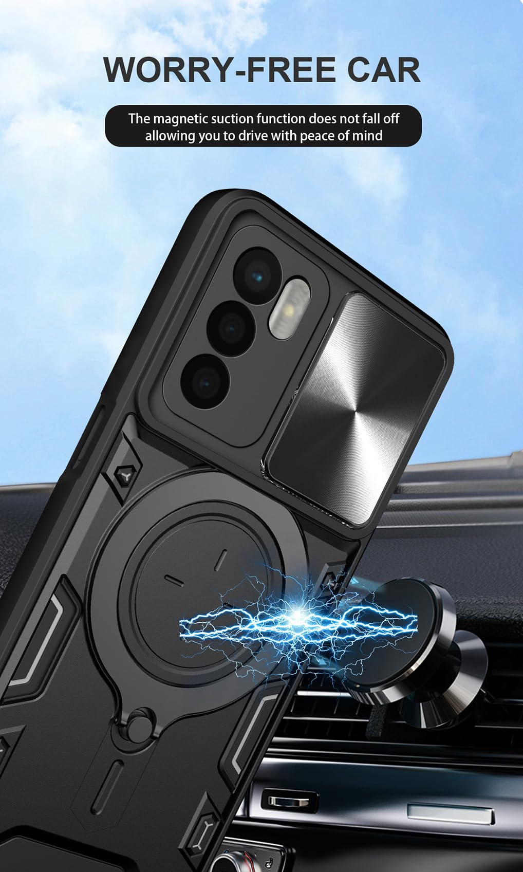 SEAHAI Cover per Oppo A16 / Oppo A16s / Oppo A54s, [Militare Anti-Caduta] Silicone Ultra Sottile Stile Fresco Custodia, con Metallo Magnetico Supporto e Protezione Fotocamera - Nero