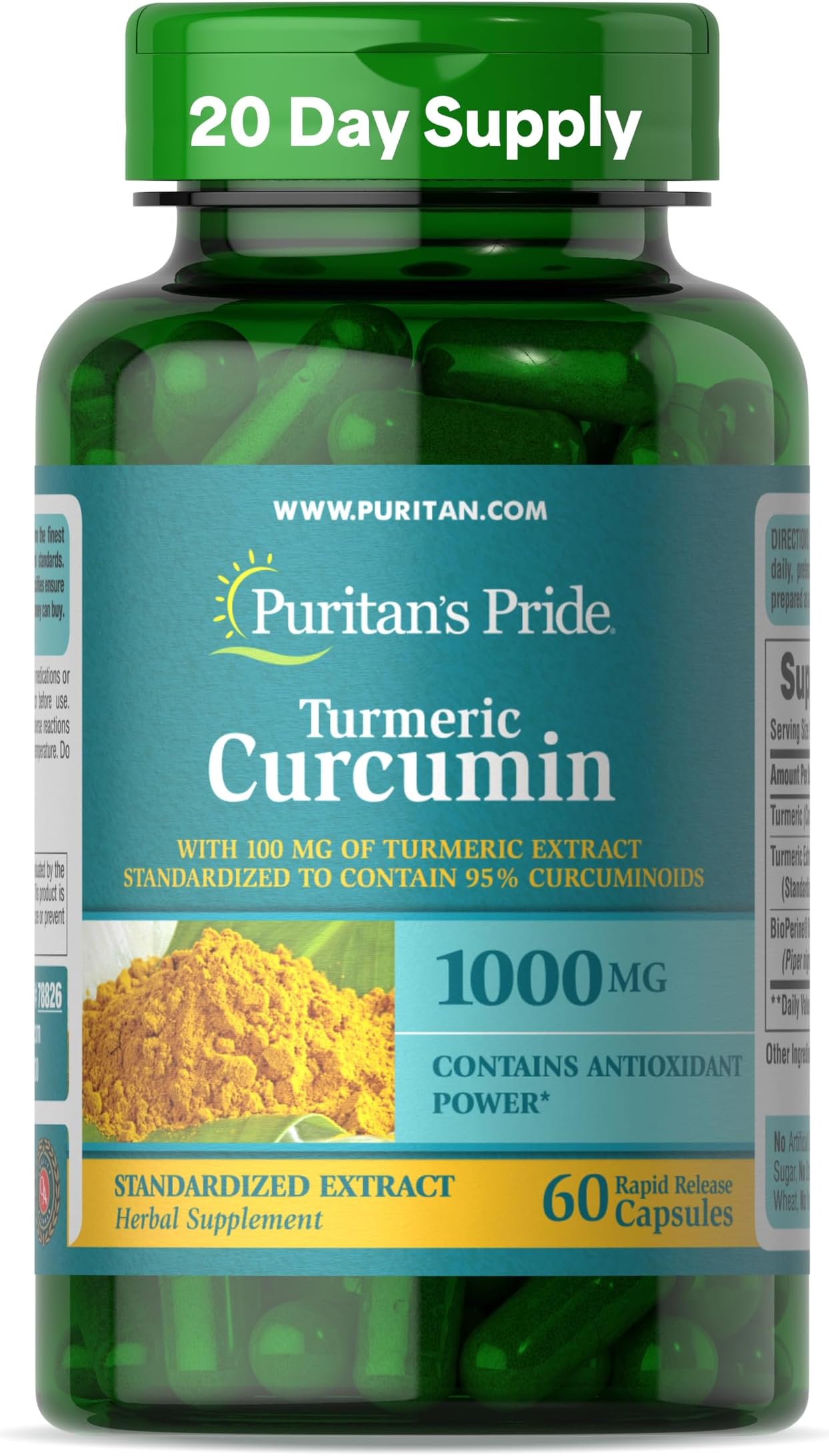 Puritan's Pride Turmeric Curcumin 1,000mg, Standarized to 95% Cucuminoids, Herbal Dietary Supplement for Antioxidant Health, 60 Radpid Release Capsules