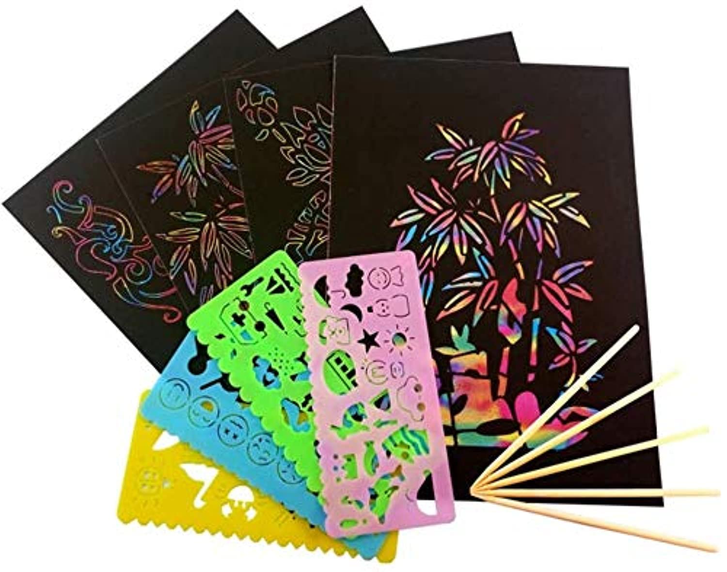 LELE Rainbow Magic Scratch Paper Art Kit Set 5 Wooden Styluses & 4 Stencils Creativity for Kids (59 Pieces)