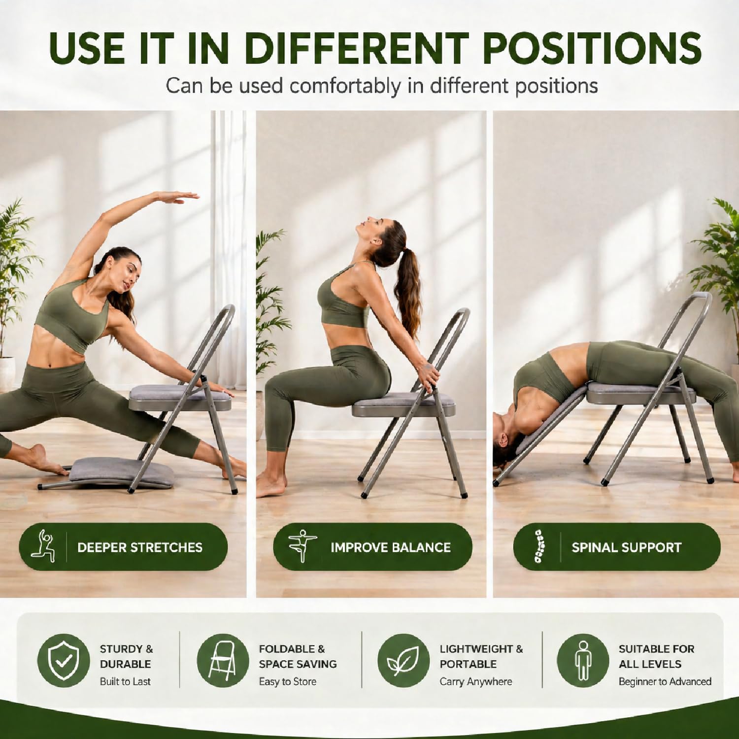 NUCARTURE Yoga Chair Foldable with Back Support Meditation Chair for Stretching Lumbar Support Yoga Chair for Back Pain Home Workout Men and Women Yoga Props Chairs (79Lx46Wx82H CM) 4