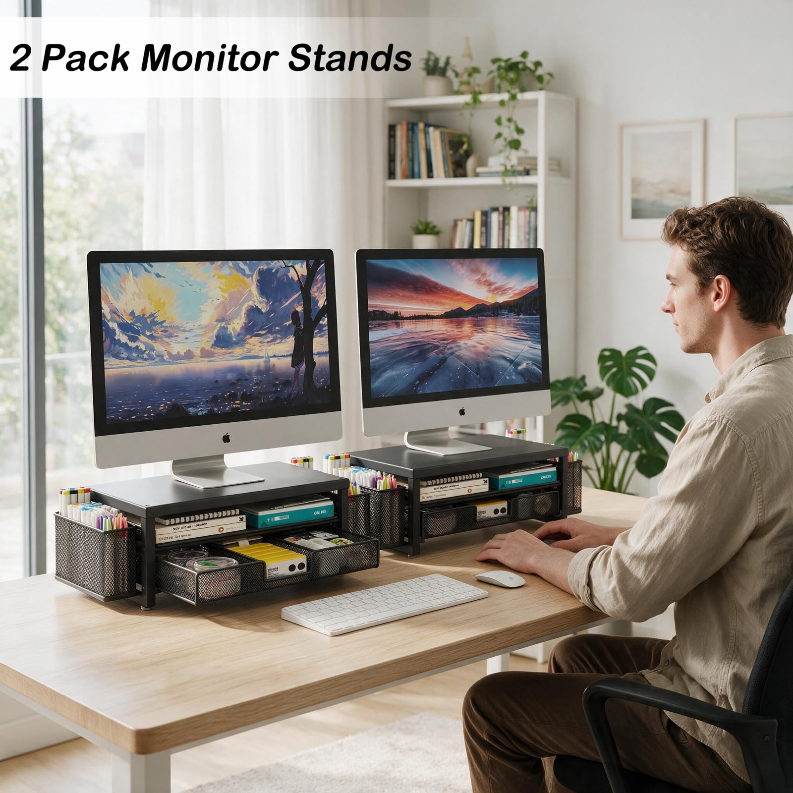 Supporto per monitor in metallo con cassetto e 2 portapenne, per scrivania, accessori da scrivania e supporto per schermo del computer, per stampante (nero) (confezione da 2)