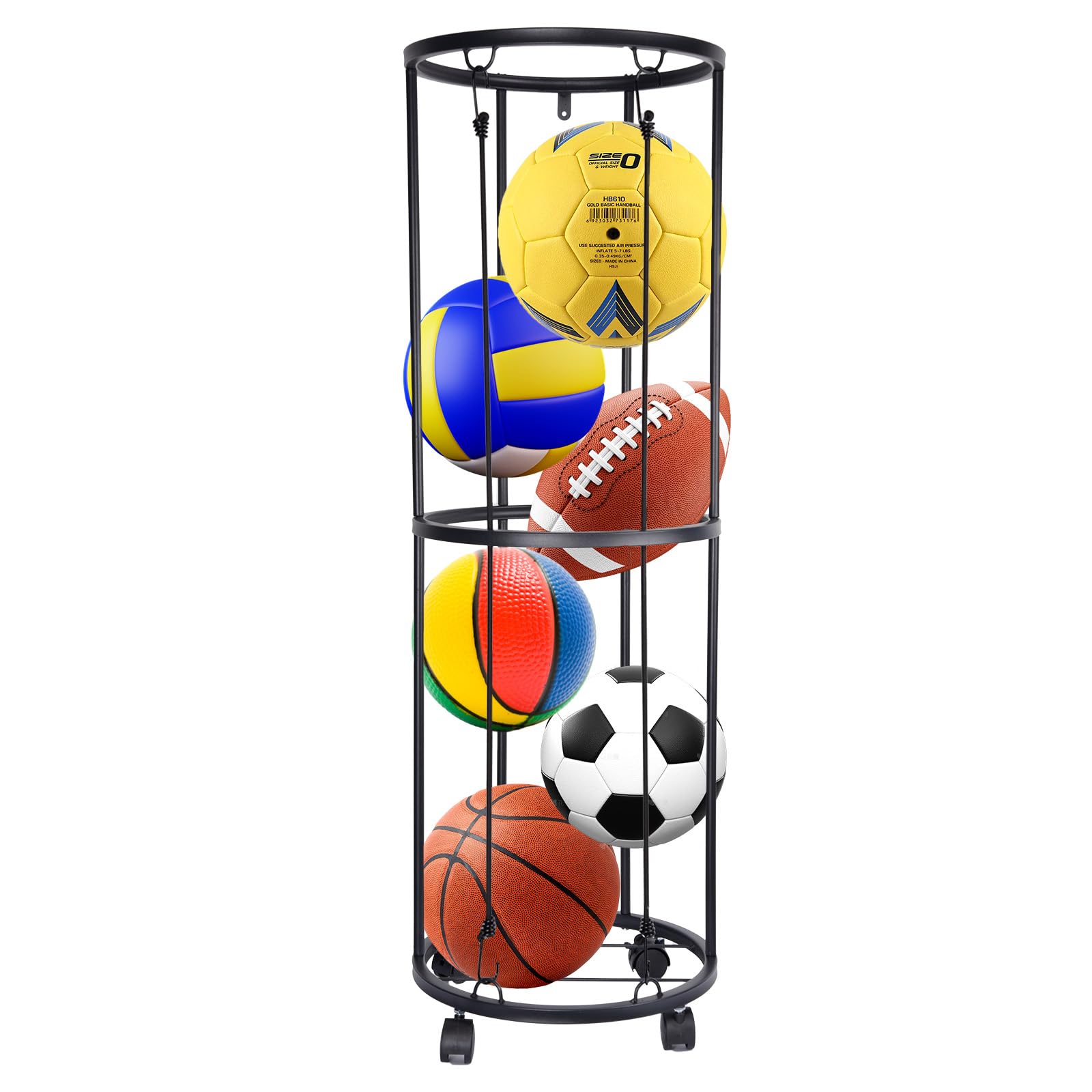 Rack Vertical de balones de 2 Niveles con Ruedas, Estante de Almacenamiento de balones Deportivos, Organizador de Almacenamiento de balones Deportivos para Garaje Que Ahorra Espacio