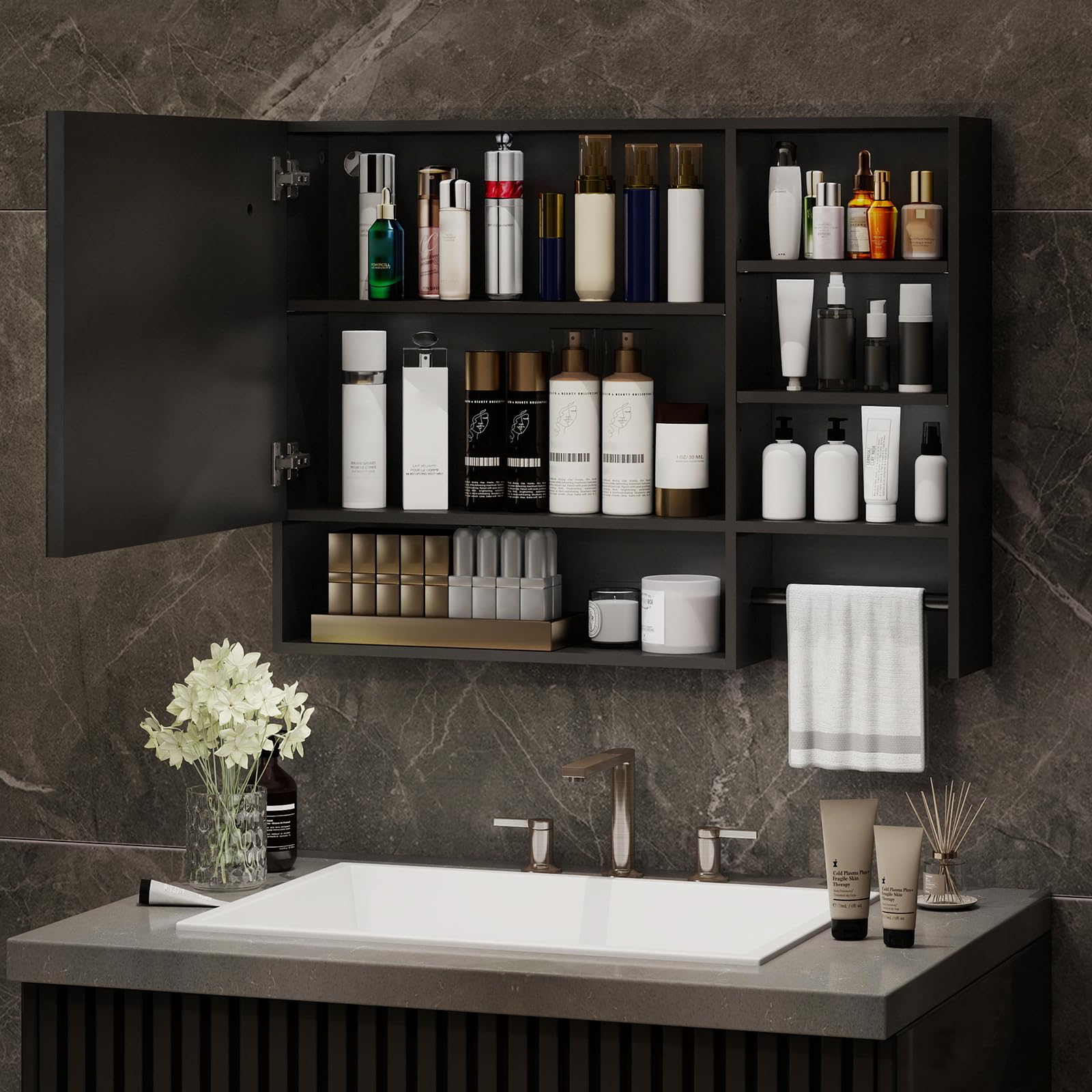 YU YUSING Specchio Contenitore Bagno con Luce LED e Portasciugamani, Nero