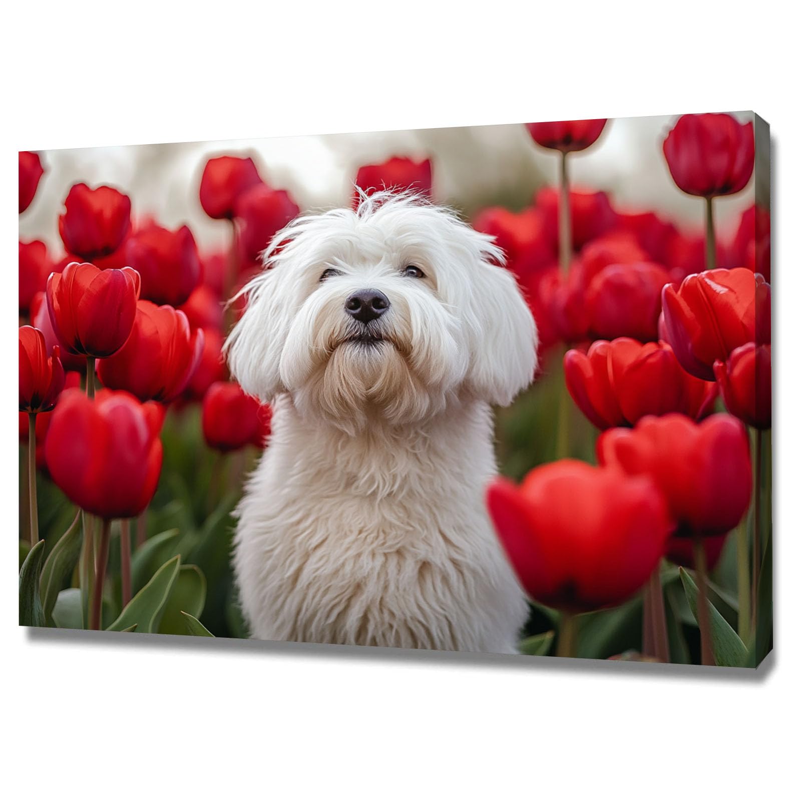 WUFIEA Obraz na płótnie do pokoju Dekoracja ścienna wzór psa, biały pies w kwiatach idealny do pokoju dziecięcego, domu, salonu - 70 x 100 cm w ramie (biały)