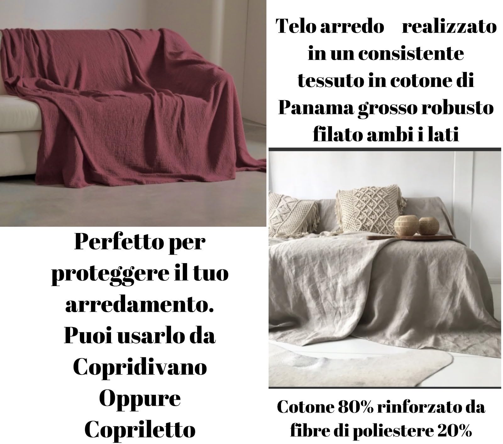 L'Emporio Casa Telo Copridivano Copriletto Tela Grossa Robusta Cotone in Panama 160X260-260x280-360x280 Misure Maxi Lenzuolo Copritutto Cotone Granfoulard Made Italy (BORDO', 360X280)
