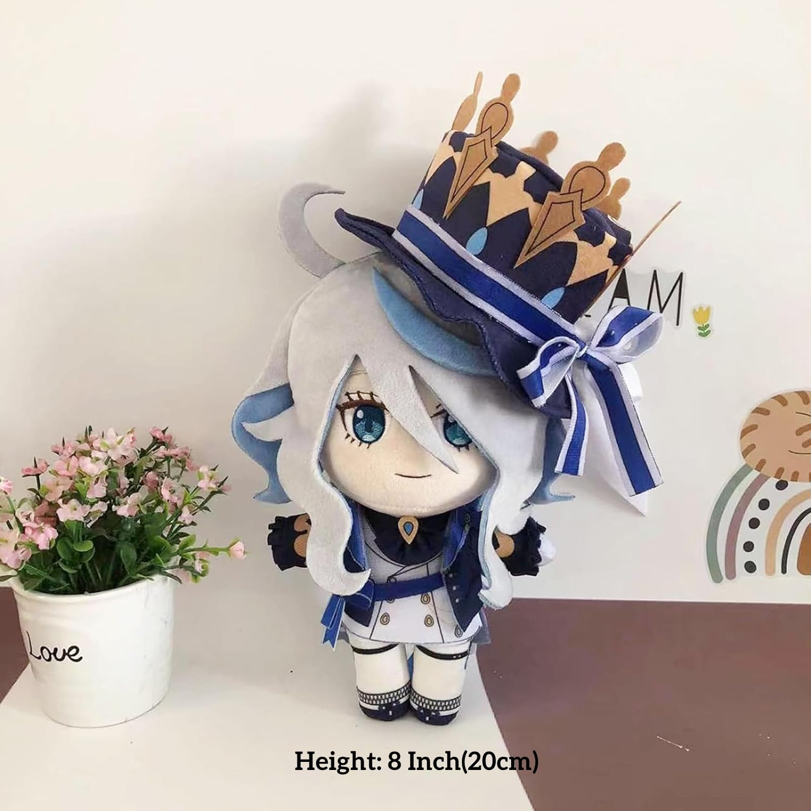 Genshin Impact Box Furina Merch Ensemble de marchandises – Poupée en peluche, affiche, tapis de souris, figurine de support, bracelet, badge, porte-clés, porte-cartes et 30 cartes Lomo, 50