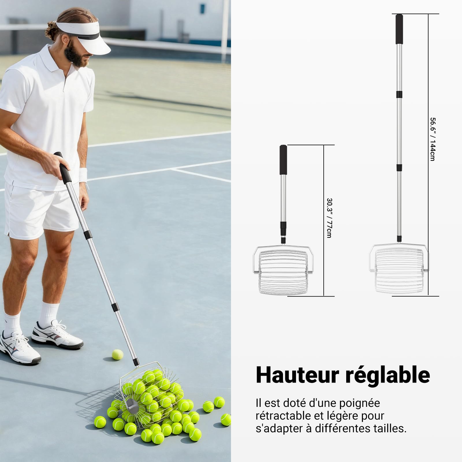 NEEWER Basics TB05S - Recolector de Pelotas de Tenis, no más agacharse, recogedor Ovalado de 80 – 144 cm, recogedor telescópico para hasta 35 Pelotas de Tenis