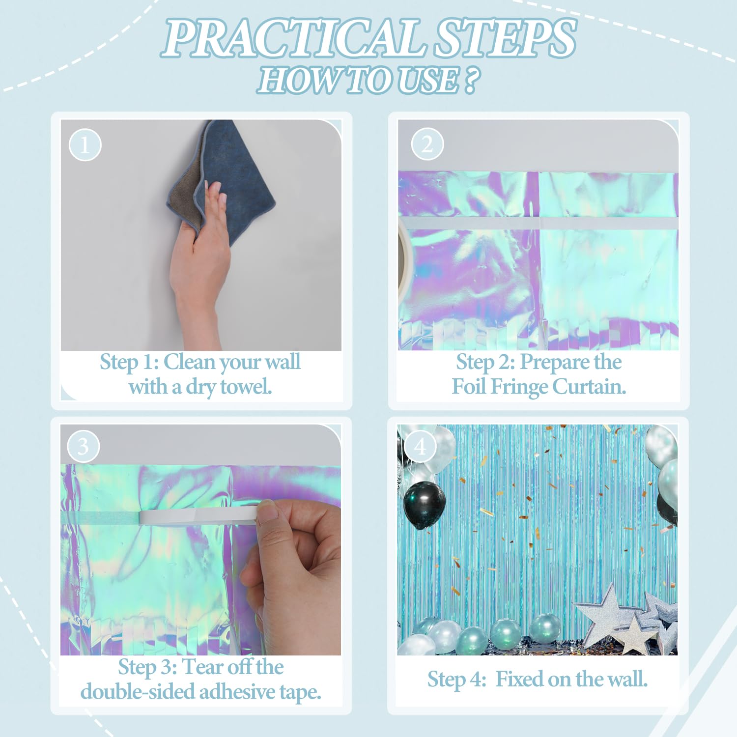 DECOCKRAT 3 Pack Foil Fringe Backdrop - Transparent Blue Shiny Tinsel Curtains for Party Decoration/Photo Booth Props - 3.3x8.2FT Metallic Foil Backdrop for Birthday, Wedding, Graduation, Christmas