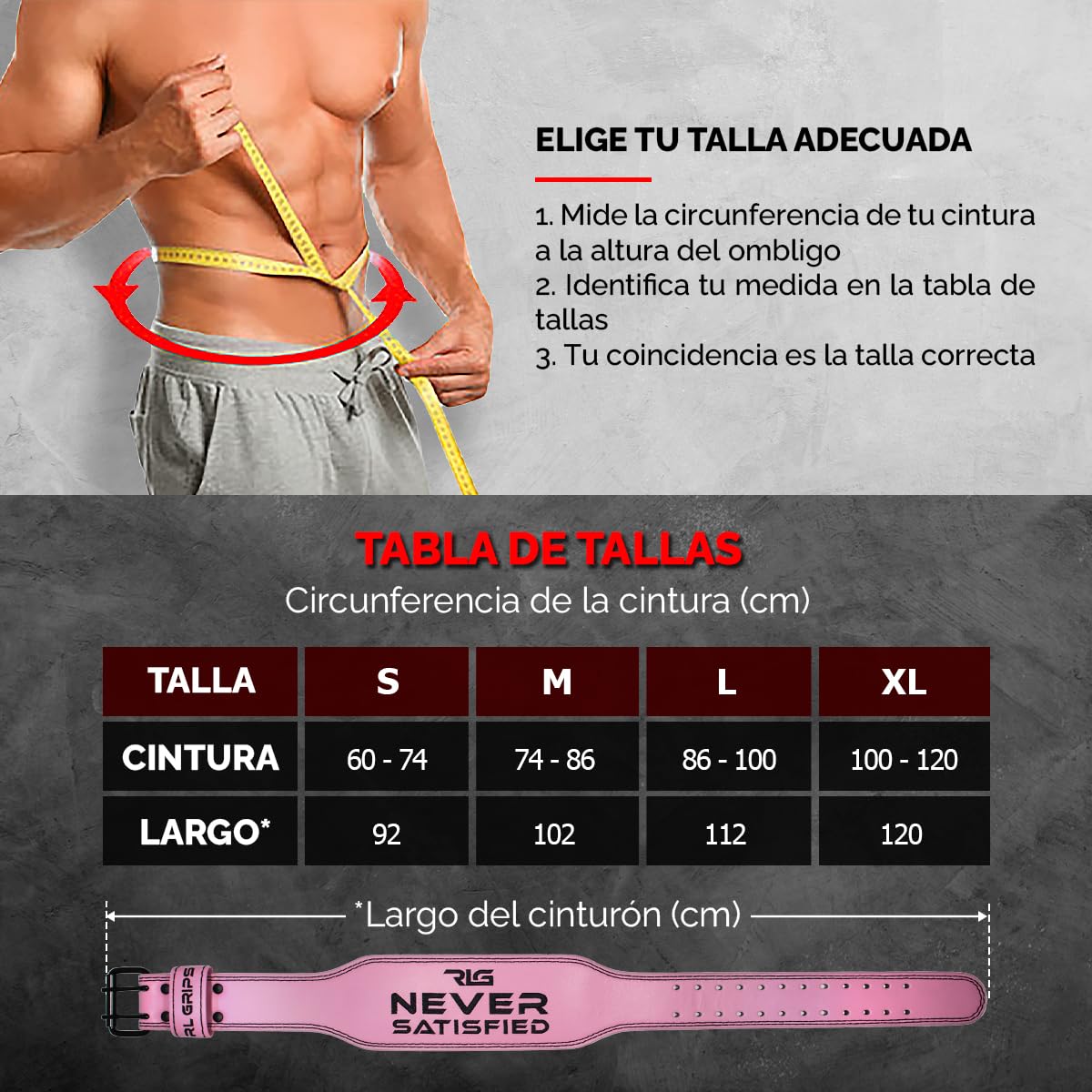 RL Grips® Cinturon de Gimnasio en Cuero para Musculación - Soporte Lumbar de Piel Acolchado para Levantamiento de Pesas, Halterofilia y Fitness