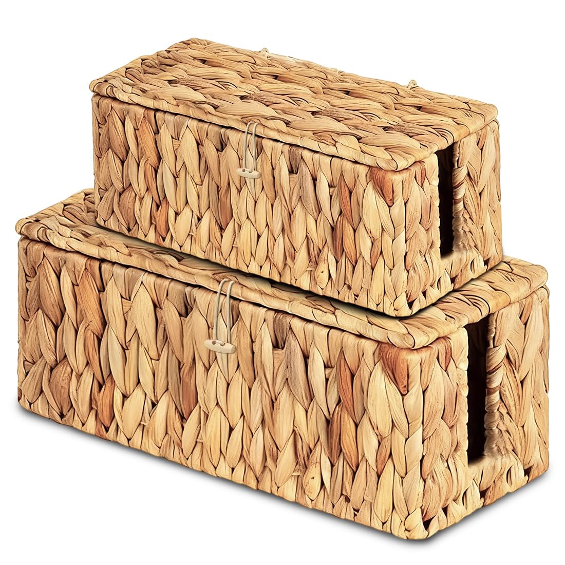 LOMUG 2 Stück Handgefertigte Wasserhyazinthe Kabelbox, Kabelbox mit Steckdosenleiste mit Abdeckung, Kabelmanagementbox mit Seitlicher Öffnung zum Verstecken von Kabeln, Geeignet für Büro, Zuhause