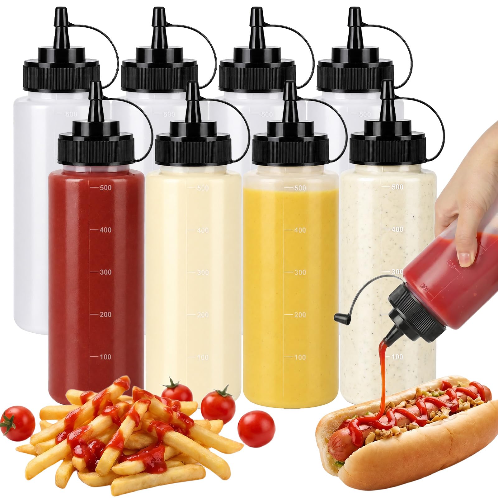 OAMCEG 8-Pack Sauce Squeeze Bottles,16 oz/500ml BPA-Free Plastic Ketchup & Condiment Bottles with Measurement for Syrup, Dressings, Mayonnaise,Hot Sauce (Black)