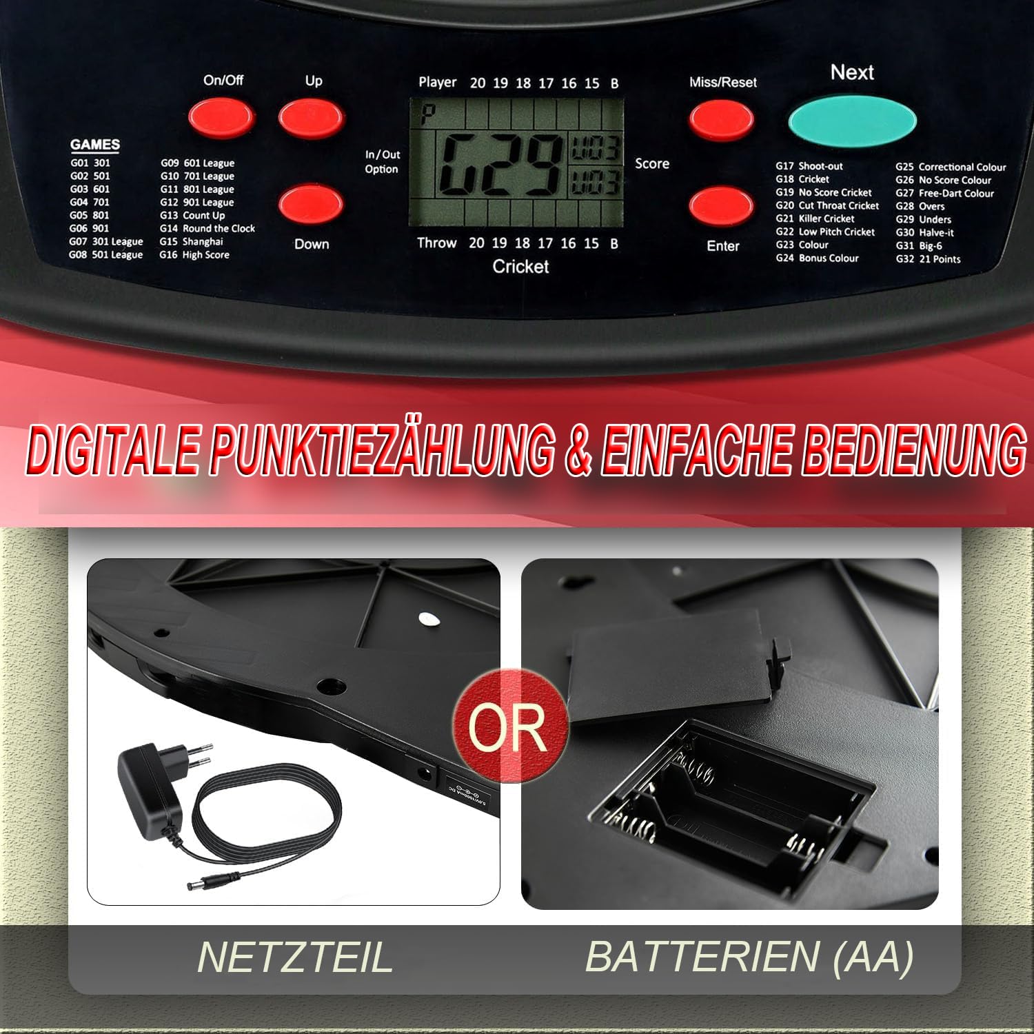 Cible de fléchettes électrique électronique avec annonces vocales, Affichage LCD, 6 fléchettes, 32 Jeux 590 Options de Jeu, Jeu Professionnel pour la Maison, Les fêtes, Le Jardin, Le Bar, 1 à 8