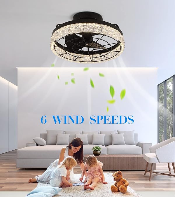 Q&S Modern Ceiling Fan with Lights,Low Profile Enclose Black Cage Semi Flush Mount Crystal Ceiling Fans with Remote 6 Speeds 3 Colors Dimmable LED Light Fixture for Bedroom Living Room Gym 18.9" by Q&S - Image 4