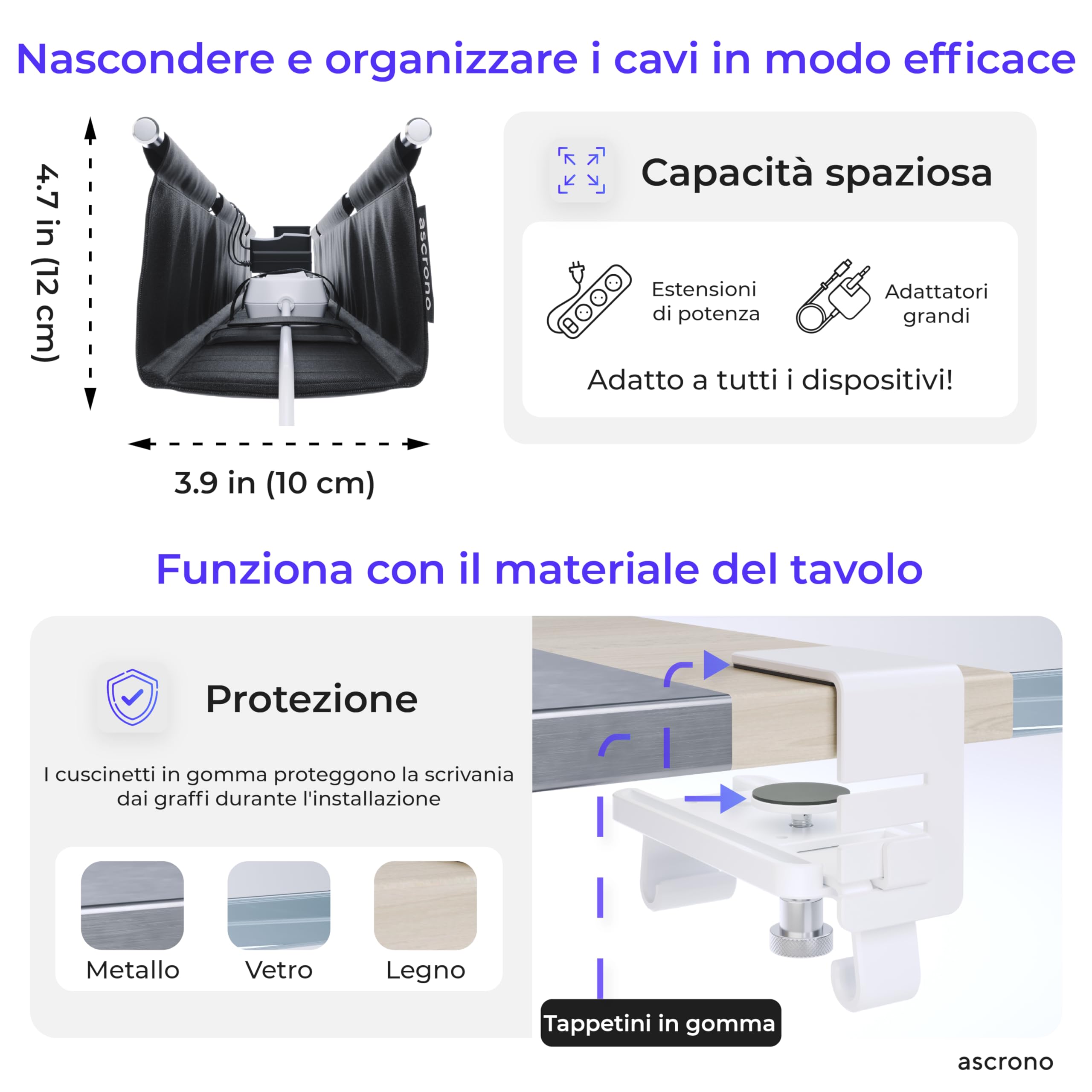 Ascrono Vassoio per la gestione dei cavi da 69,3 cm, in tessuto nero di alta qualità, per la gestione dei cavi sotto la scrivania, con morsetto/vite, supporta fino a 29,9 kg