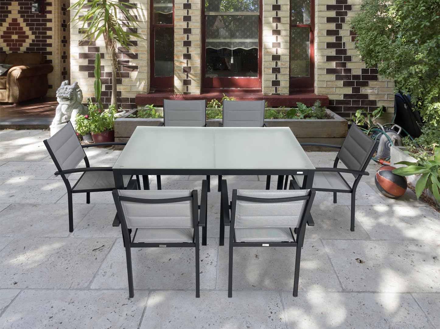 MOMMA HOME Mesa Jardin Aluminio y Cristal TempladoMesa Comedor Rectangular de Exterior 6 Personas Aire Libre Medidas 150x90x74 cm (Gray)