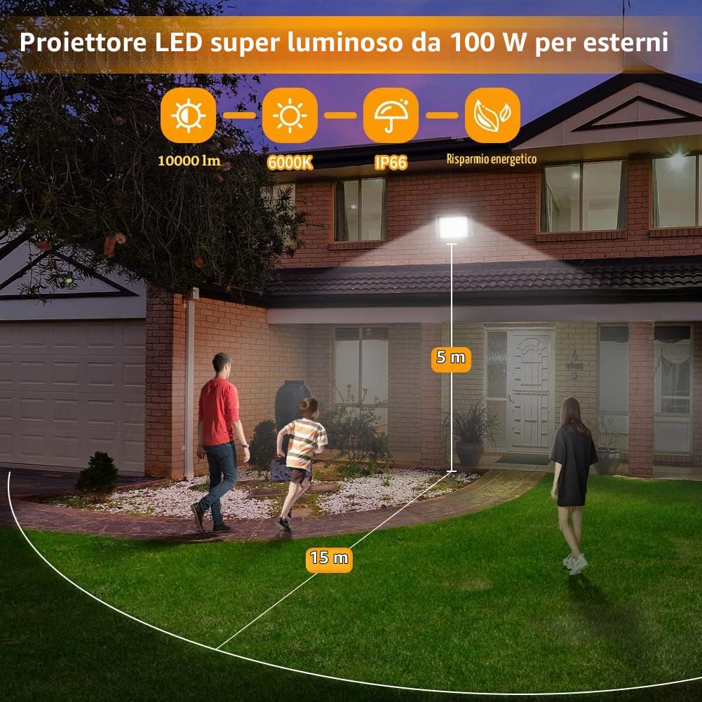 JESLED Faretto LED da Esterno, 100W 10000LM Super Luminosa Faro, 144LED 6000K Bianco Freddo Faretti, Impermeabile IP66 Fari per Giardino Garage(Cavo da 1M)