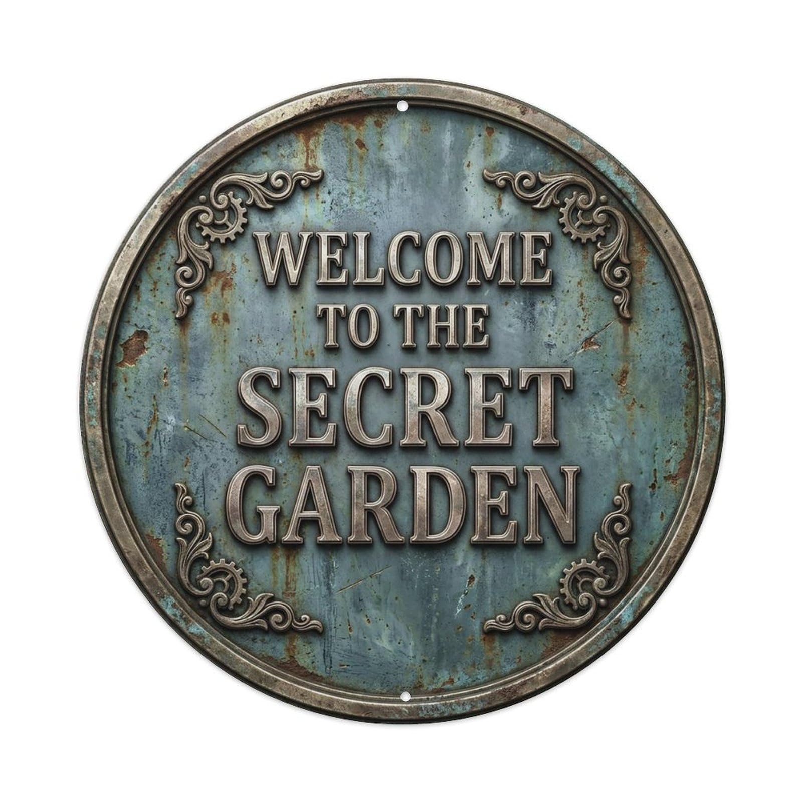 Vintage Welcome Secret Garden Silver Greyblue Spiral Metal Tin Sign