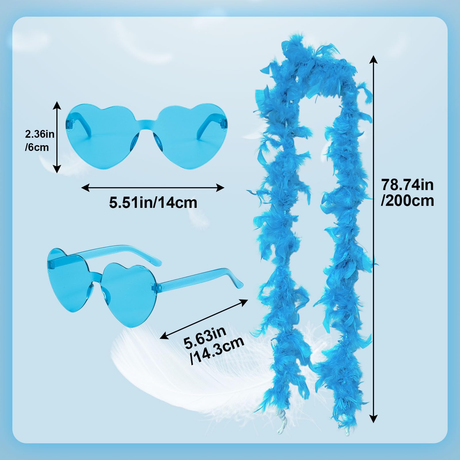SAIIURV 4 Pieces Blue Feather Boa Heart Rimless Sunglasses Feather Boa for Women for Dancing Wedding Party Cosplay Halloween Dancing Party Props Dress Up Wedding Accessories(Blue) - Image 2