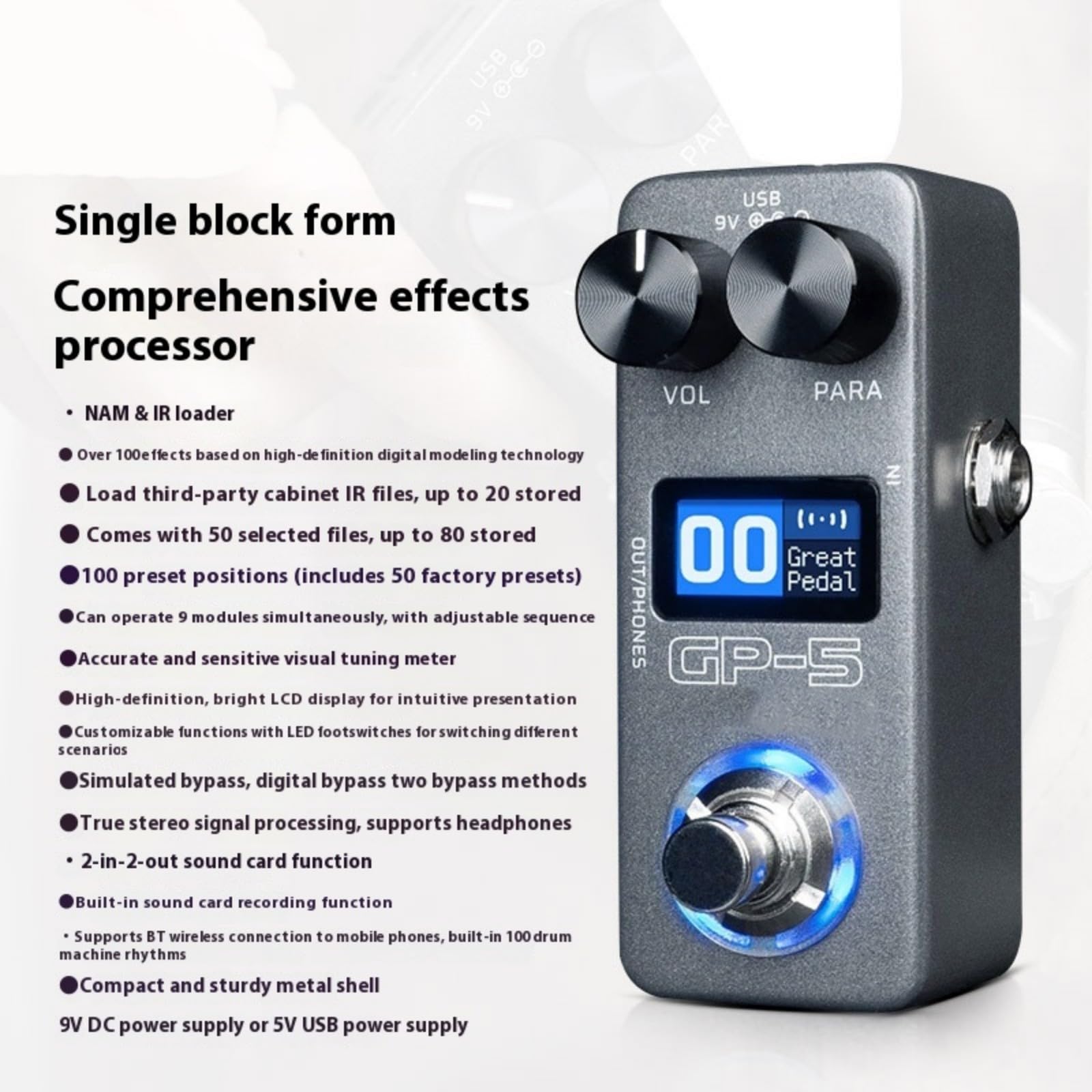 Gitarreneffektprozessor, digitales Nachhall Gitarreneffektgerät, über 100 Presets und Tone Loader für Aufnahmeverstärker mit Drum Machine