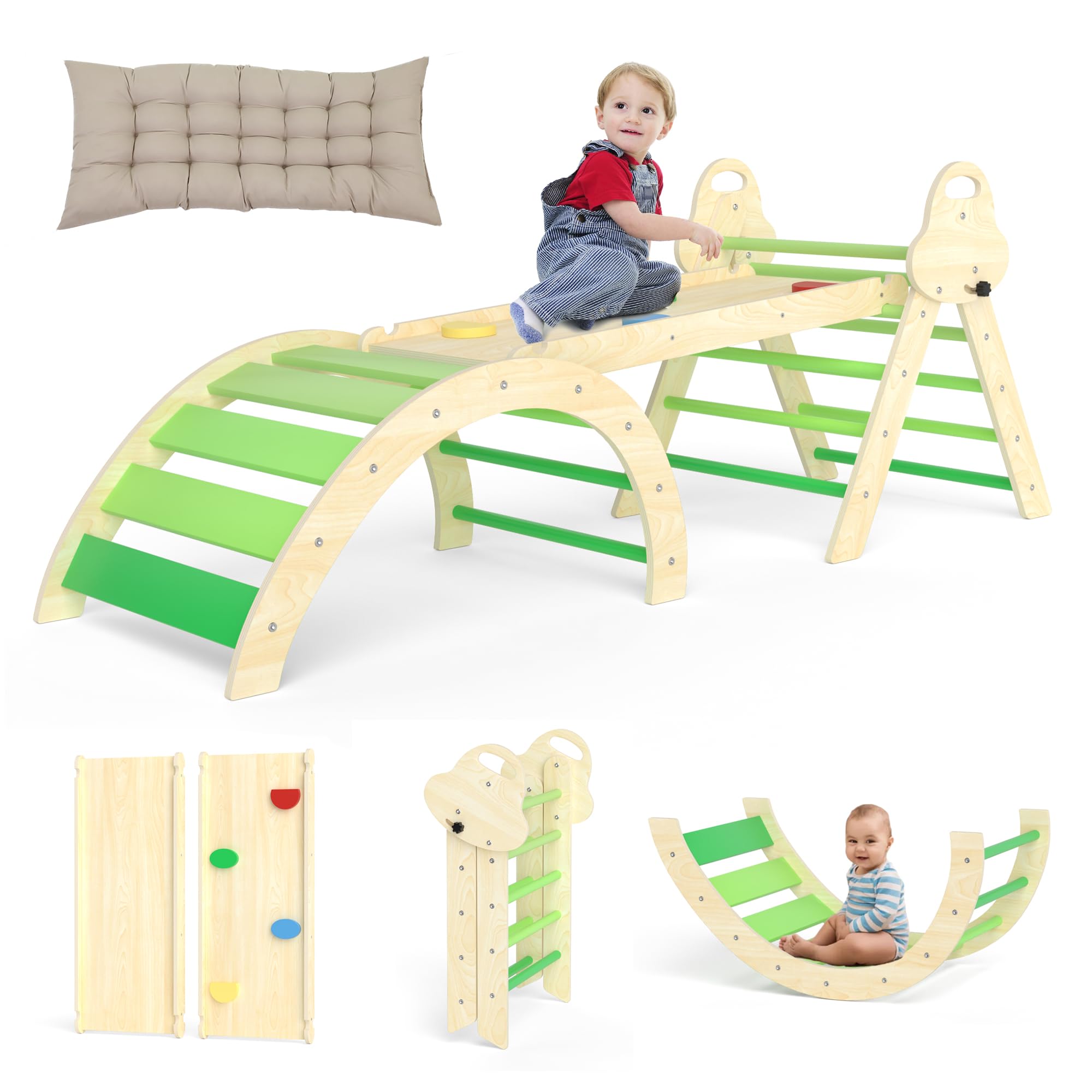 Puecrof 7-in-1 Montessori Climbing Triangle with Pillow - Wooden Climbing Toy for Toddlers Aged 1 to 3 Years - Indoor Climbing Arch with Slide, Ladder, and Play Arch (Green)