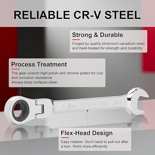 Miniatura 3 de Jetech Llave de trinquete de cabeza flexible de 0.315 in, acero Cr-V de grado industrial, 12 puntos, diseño de esquina, trinquete de 72 dientes,