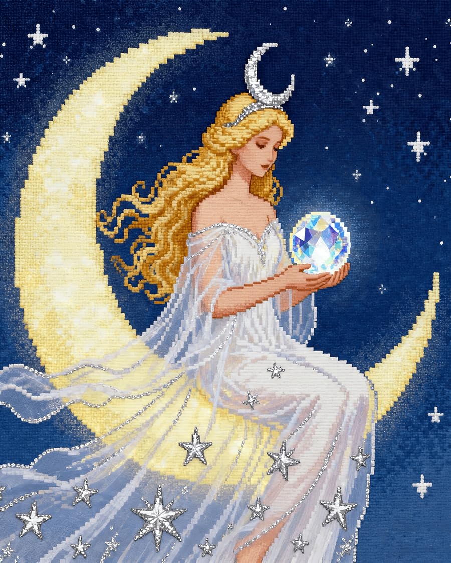 WallustrioaW 11CT Stamped Cross Stitch Kits,Moon Fairy,DIY Cross Stitch Ornament for Adults Beginners,Embroidery Kits Home Decor,40x50cm