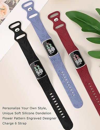 Miniatura 2 de Minyee Paquete de 3 bandas grabadas florales compatibles con Fitbit Charge 6 bandasFitbit Charge 5 bandas para mujer, lindo diseño de flores de