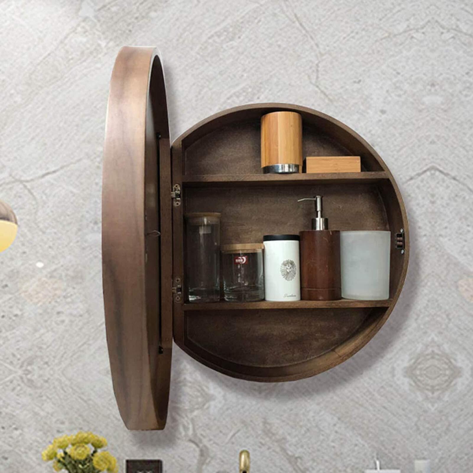 Espejos de baño de Madera Maciza - Espejo de tocador Grande corredizo montado en la Pared con función de Almacenamiento for Muebles - Espejo de Pared Redondo(Black Walnut,70cm)