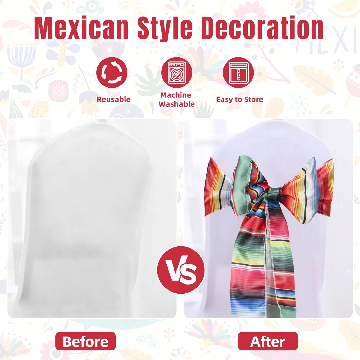 50pcs Mexican Theme Satin Chair Sashes Bows, 7X108 Inches Table Runners Cinco De Mayo, Serape Fringe for Fiesta Party Wedding Birthday Dining Hotel Chair Cover Decorations