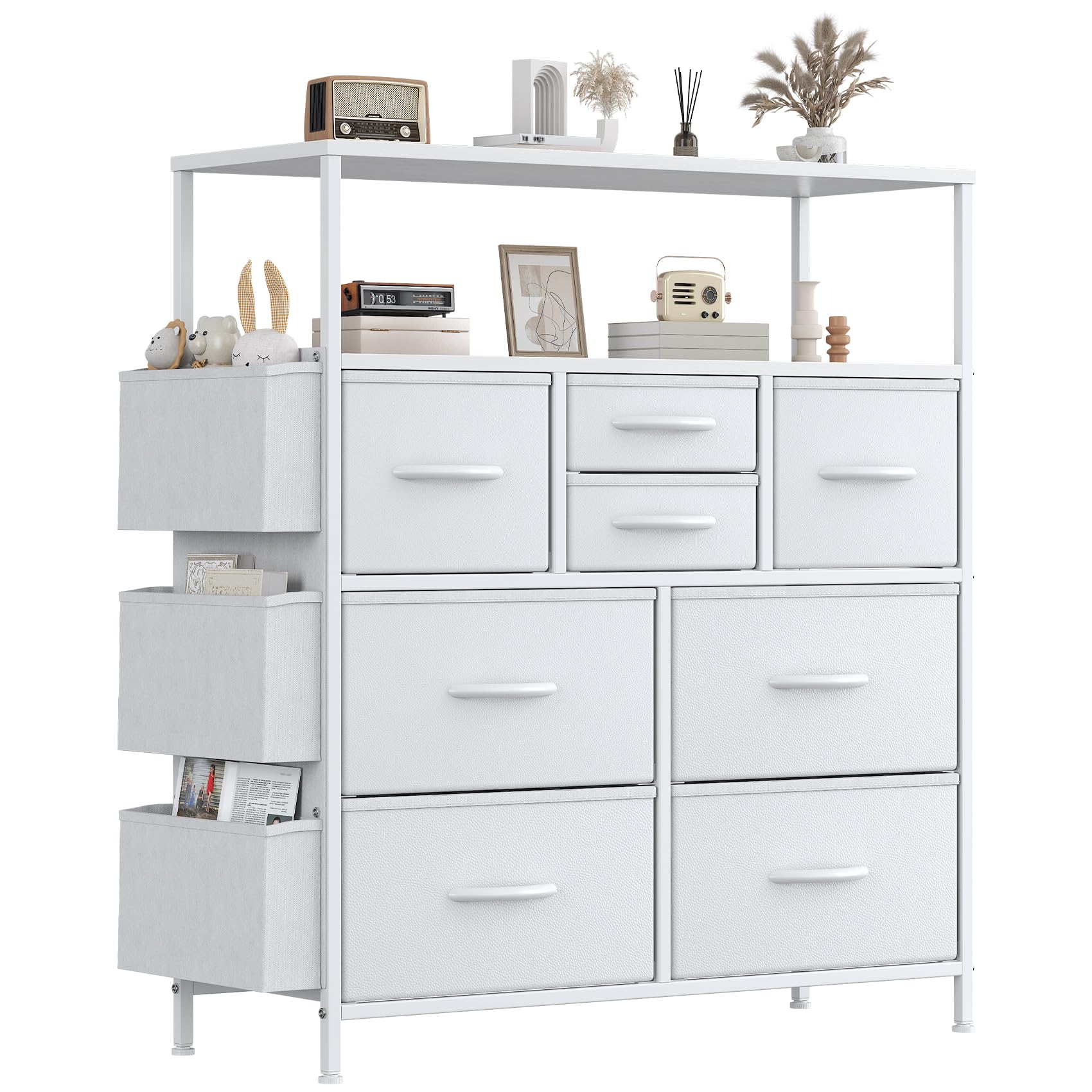 GoaHi Chest of Drawers, 8 Fabric Drawers Storage Unit with Open Storage Shelf, Fabric Bins and Metal Frame, Storage Drawers for Bedroom, Closet, Hallway, Living Room, White