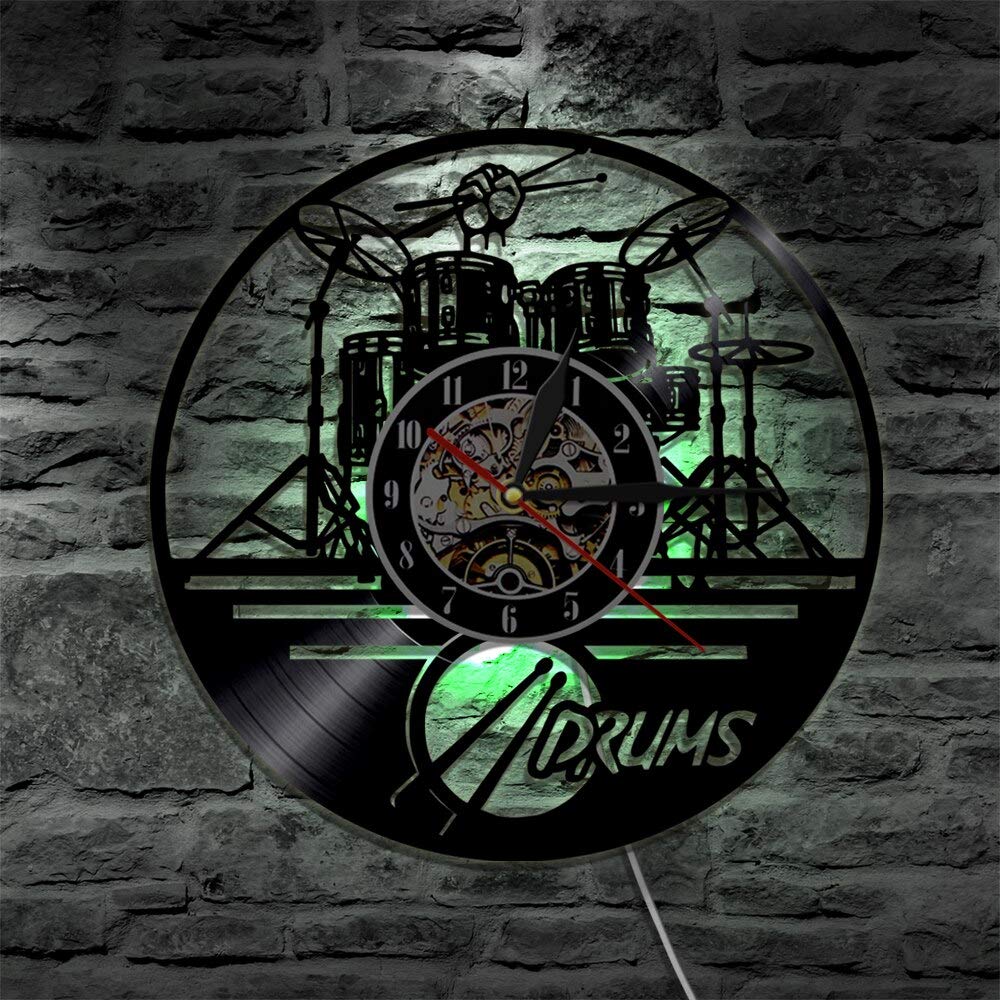 Set di batteria per chitarra Orologio da parete Note dello strumento musicale Disco in vinile vintage Musica Decorazioni per la casa Regalo per gli amanti della musica Lampada da parete a LED 3D Reg