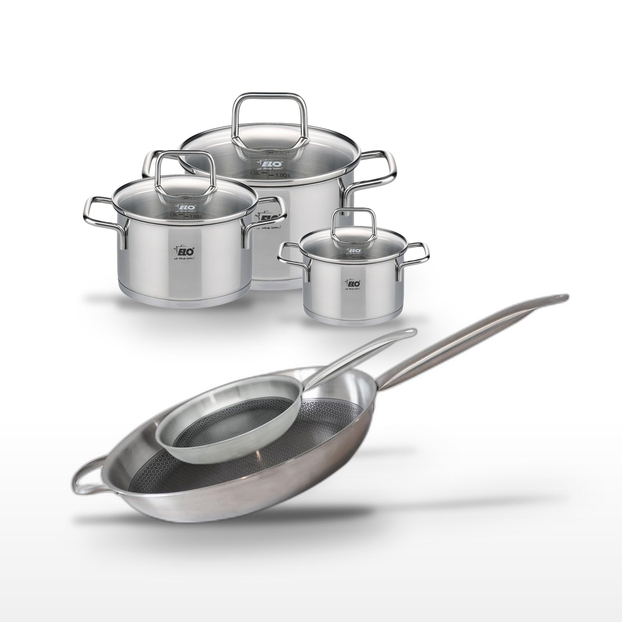 Elo Batterie cuisine 2 poêles 24/32 + 3 faitouts 12/16/20 induction | Cuisson antiadhésive maîtrisée, 5 pièces pour tout équiper, 2 poêles 24 et 32 cm, 3 faitouts 12 16 20 cm, Induction et four