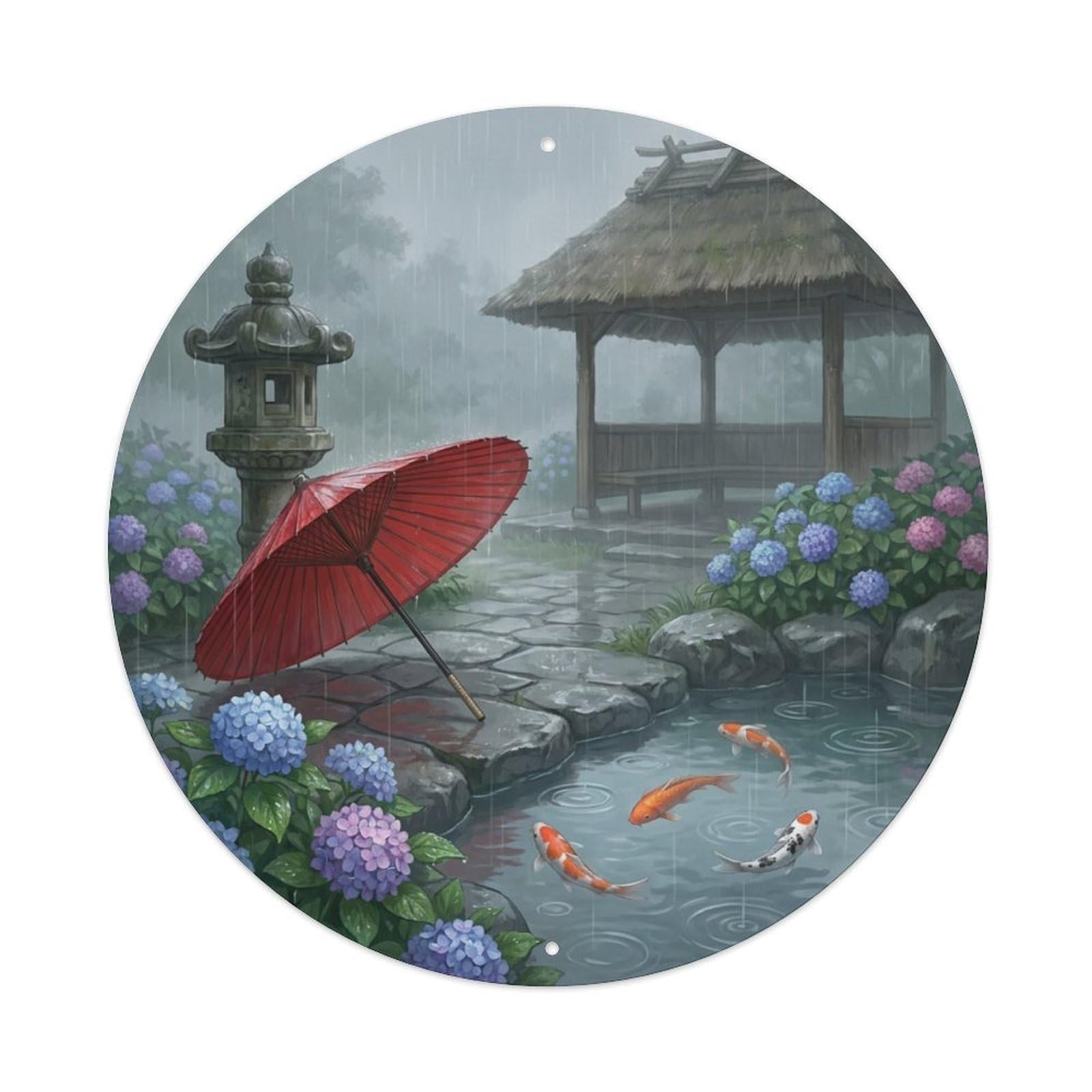 Galvaxio Style Japanese Koi Fish Rainy Day Umbrella Wet Path Metal Tin Sign