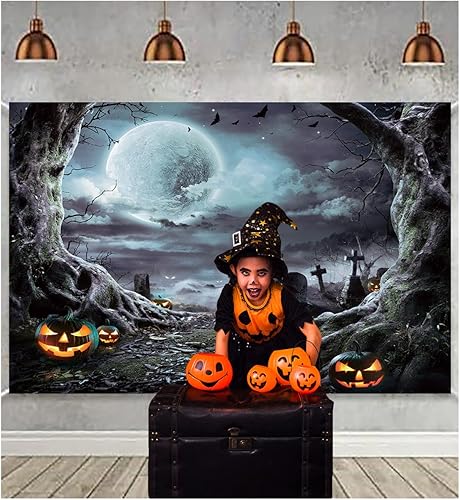Miniatura 3 de Telón de fondo de fotografía de Halloween de 7 x 5 pies, horrible farol de calabaza y telón de fondo de noche de luna llena para decoración de