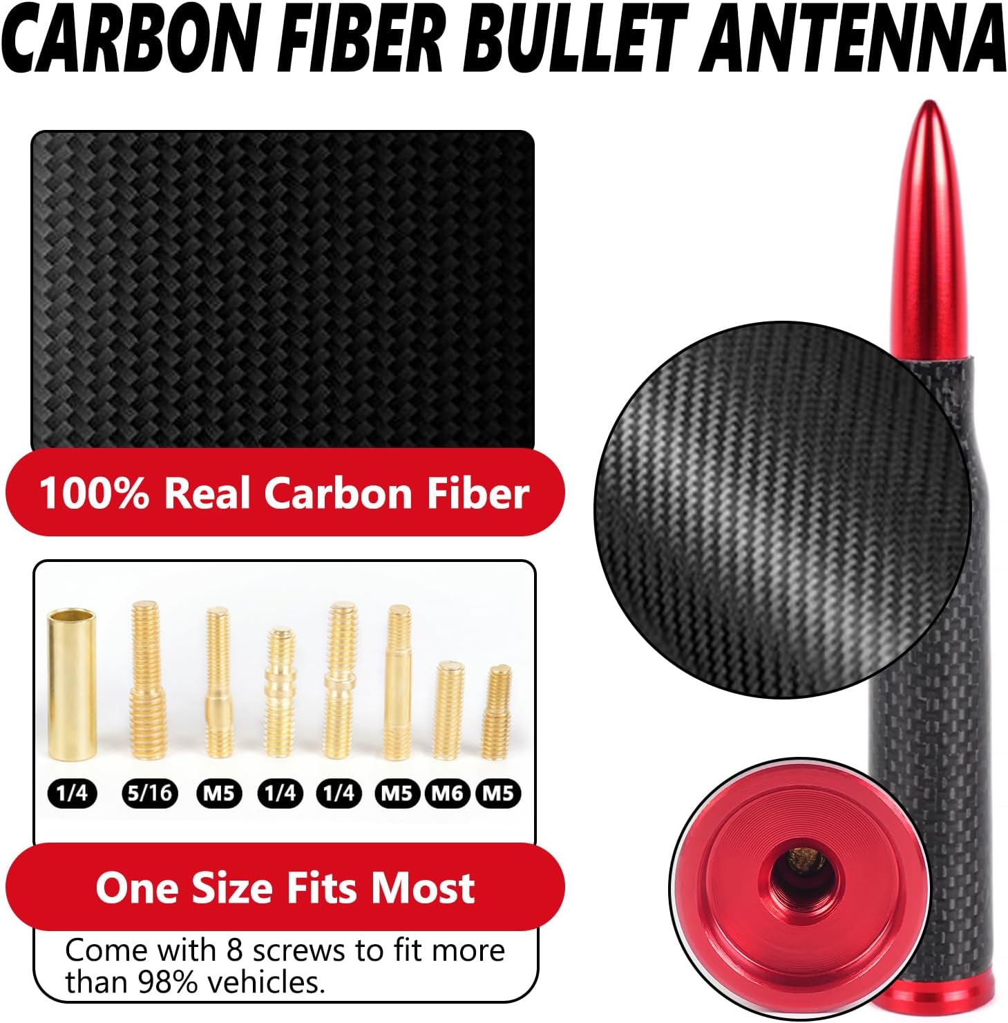 Universal Carbon Fiber 50 Cal Bullet Antenna,Fits for All Chevy GMC Ford Jeep Dodge Toyota 5.5" AM/FM Radio Antenna Replacement for All Truck SUV Car Accessories