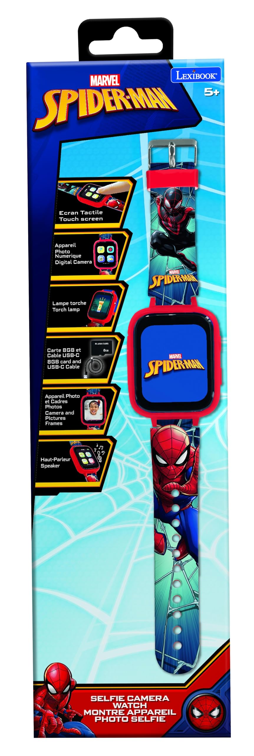Lexibook, Spider-Man, Montre Appareil Photo Selfie, Écran Tactile HD, Appareil Photo 720p, Lecteur MP3, Haut-Parleur intégré, Dictaphone, Podomètre, 5 Jeux, Rouge/Bleu, DMW070SPLXB