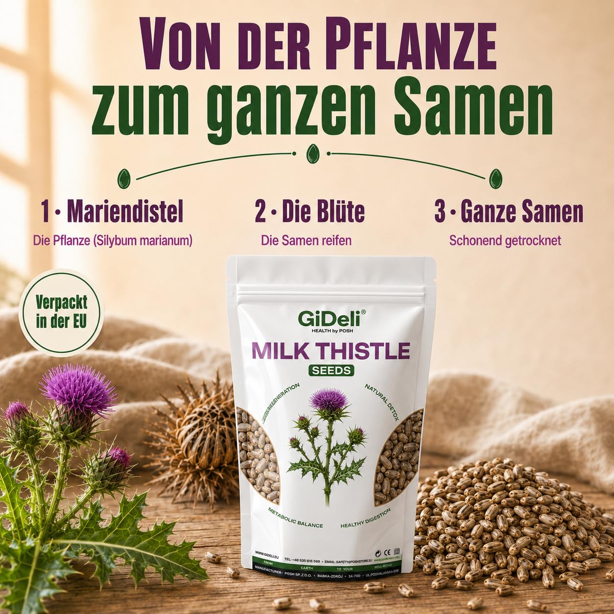 GiDeli Semillas de cardo mariano 4 x 5 kg – 100% semillas enteras sin aditivos para la dieta diaria – Contenido natural de silimarina – Ideal para yogur, cereales, batidos y ensaladas – Origen