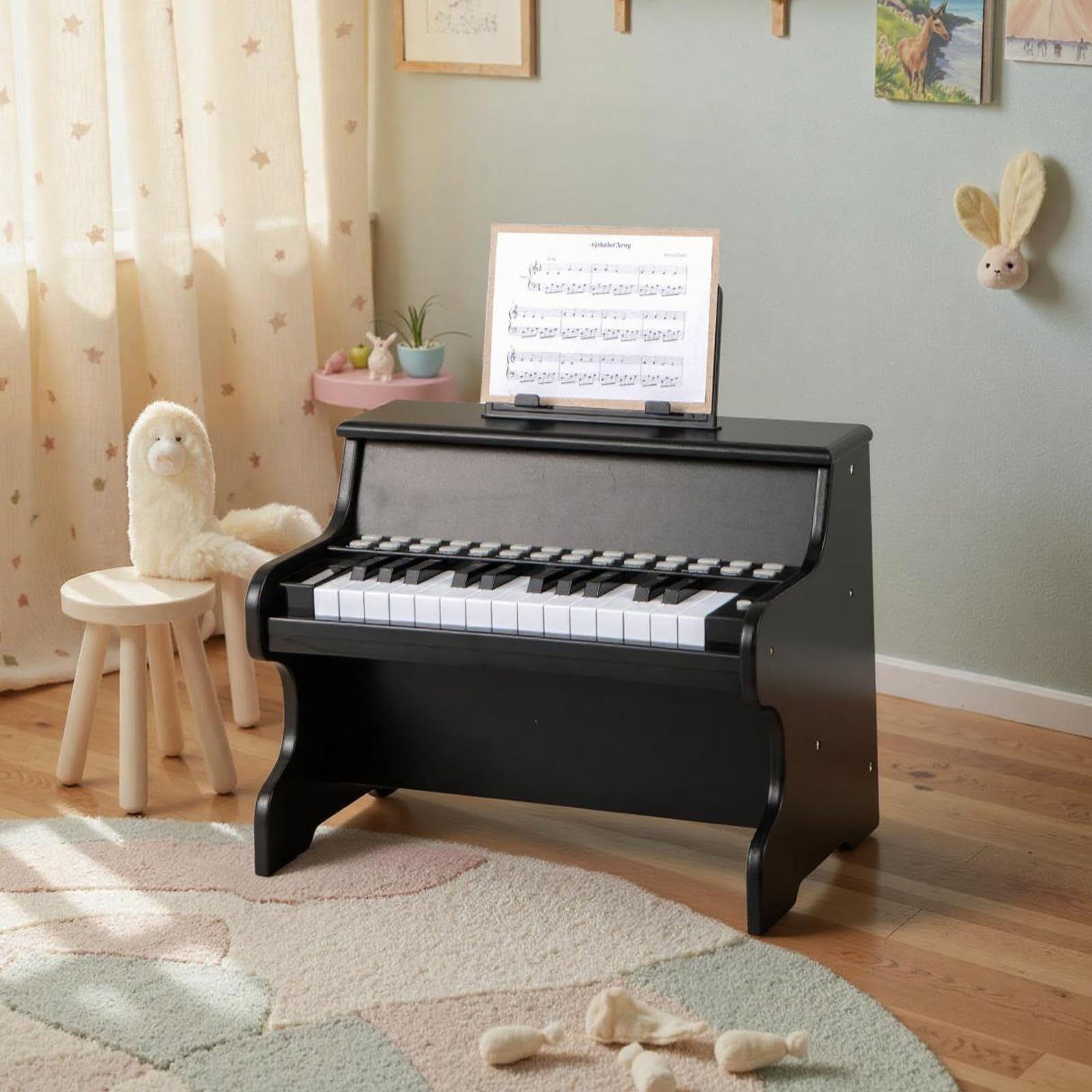 KOMFOTTEU Pianoforte digitale a 25 tasti per bambini, pianoforte in legno con leggio, tasti illuminati, modalità didattica, 6 strumenti, 8 percussioni, tastiera per pianoforte con registrazione e