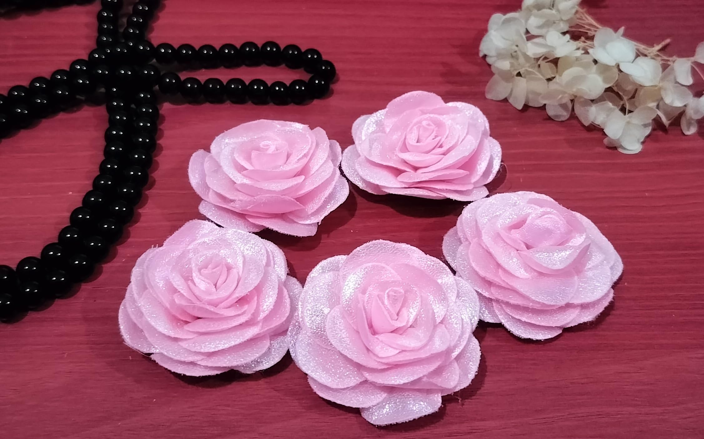 Beads & Crafts: Artificial Glitter Fabric Rose Flowers 5.5cm for Home Decoration, Dress, Boutique, DIY Art Craft (Pack of 5 Pcs) (Baby Pink)