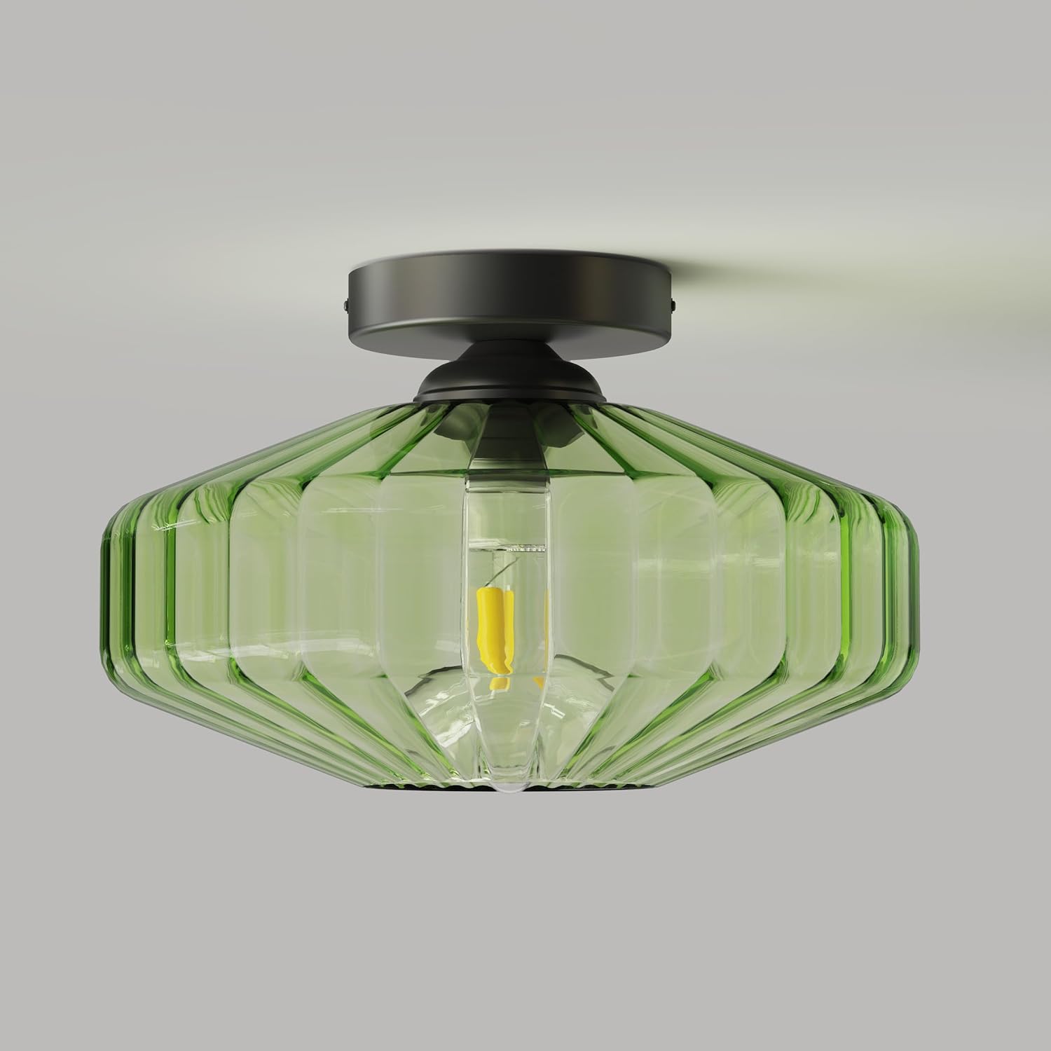 Semi Flush Mount Ceiling Light, 11.8" Mid Century Modern 1-Light Close to Ceiling Light Fixtures with Drum Green Glass Shade for Bedroom Entryway Hallway Porch Foyer