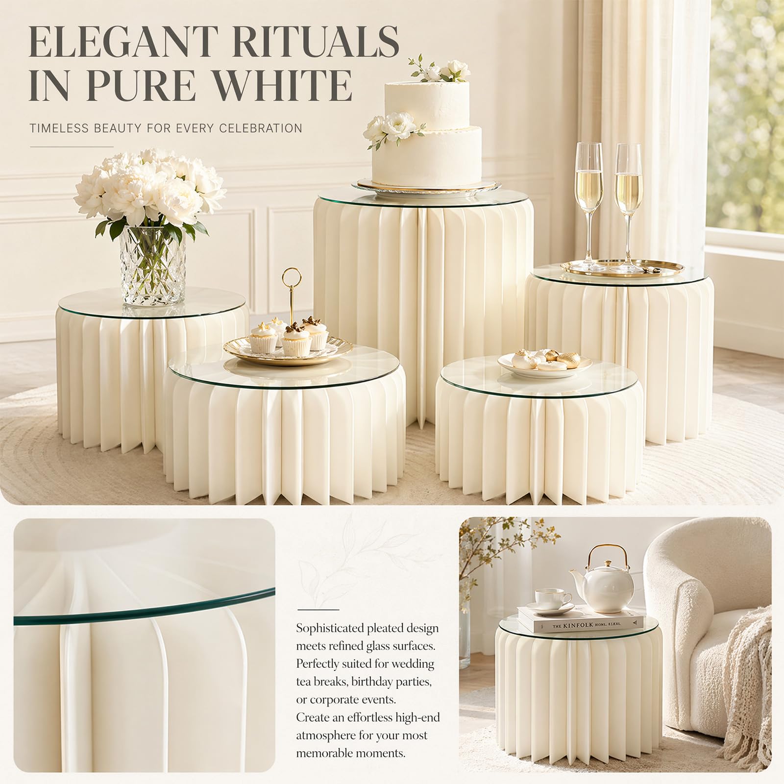 FARYODI Lot de 5 supports à dessert pliables, rehausseurs de buffet à plusieurs niveaux en acrylique et carton, empilables jusqu'à 70 cm, supports à gâteaux réutilisables pour mariage, anniversaire