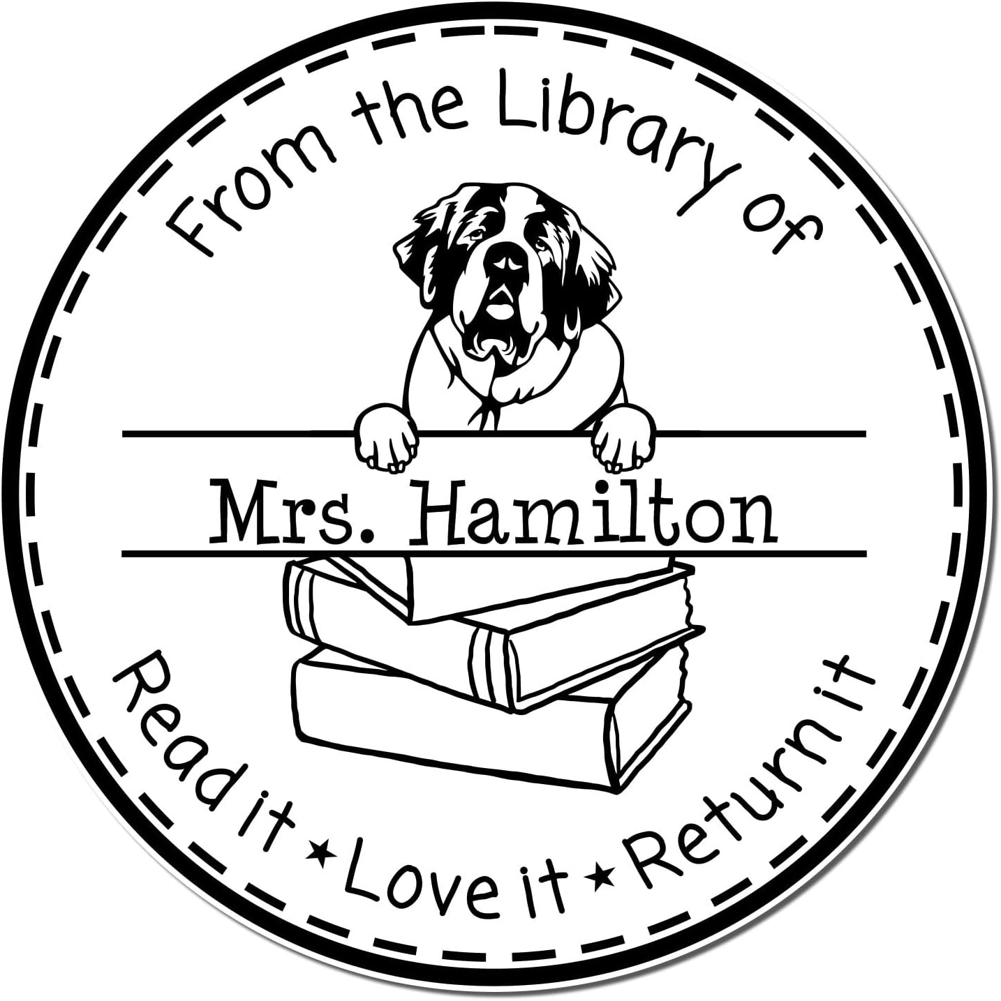 Personalized Saint Bernard Dog Book Tag Stamp - Customized Property of Teacher Embossed Stamp - Unique Name Embosser for Teachers - Gift for Dog Lovers and Educators - 1-5/8" Round Design