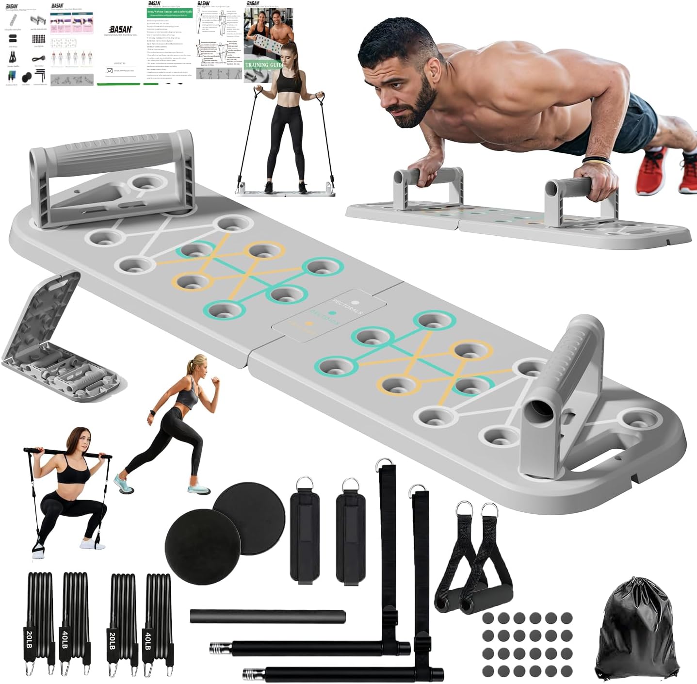 Basan Push Up Board with Resistance Bands – Foldable Portable Home Gym Equipment for Full Body Workout, Strength Training for Men & Women