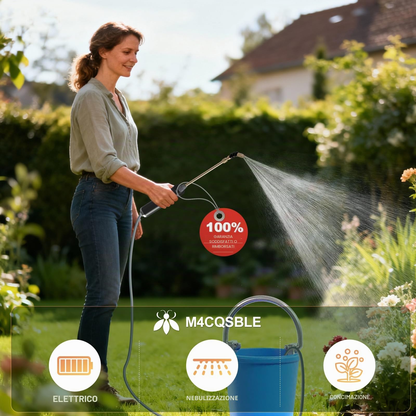 Pompa Irroratrice a Batteria 5L con Lancia Telescopica in Rame a 2 Modalità + Lancia in Acciaio Inox, 2 Ugelli, Tubo 1+3m, Batteria 2200mAh, Ricarica USB-C, Nebulizzatore Giardino Portatile (5L)