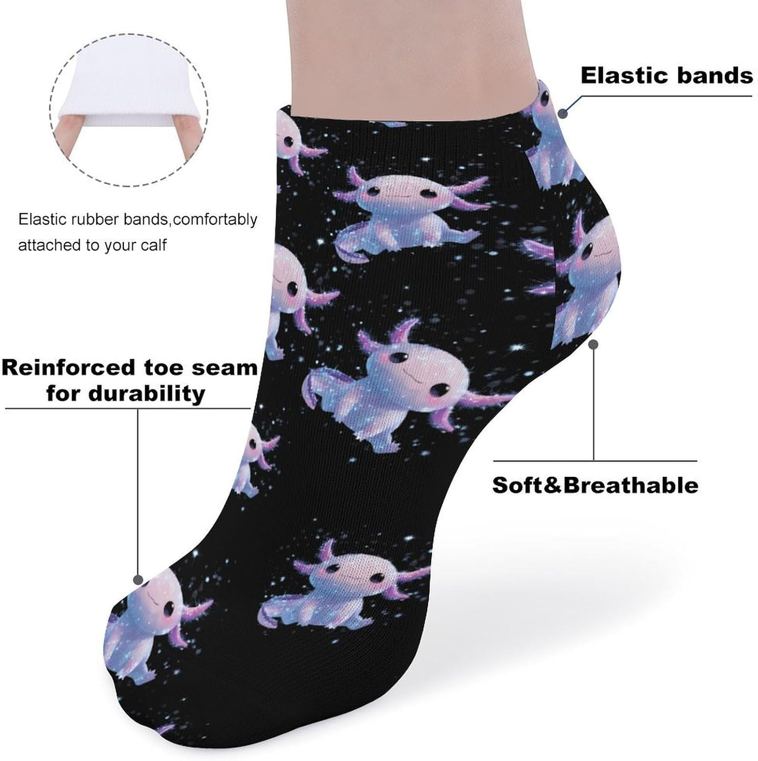 Axolotl Galaxy Ice Snowy No Show Ankle Socks Low Cut Non Slip Flat Boat Line 5 Pairs Set