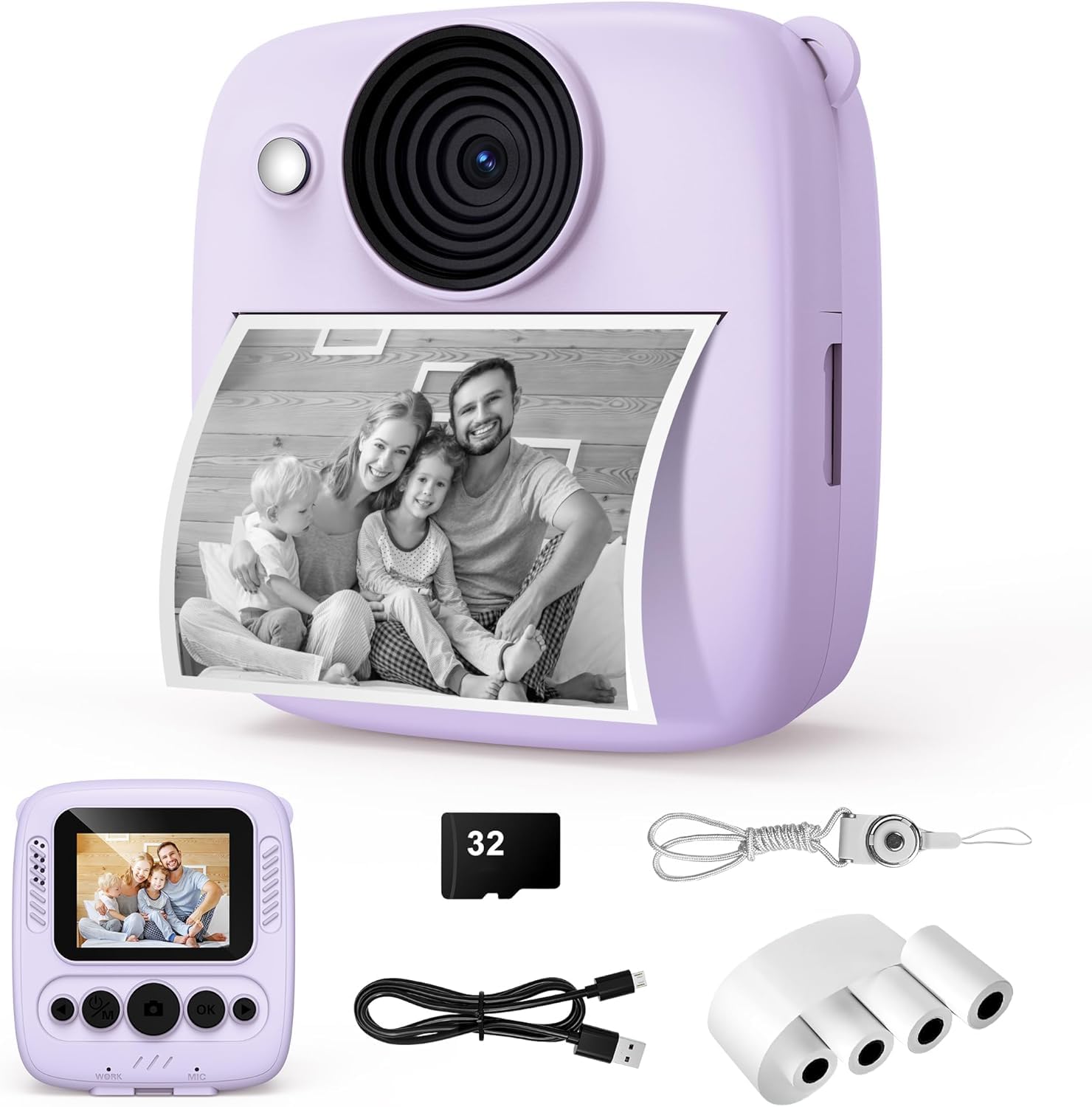 Variglas Appareil Photo Enfant, 1080P Appareil Photo Instantané Enfant Caméra Vidéo avec Carte de 32GB & Papier Photo, Cadeaux pour Garçons & Filles de 3 à 12 Ans
