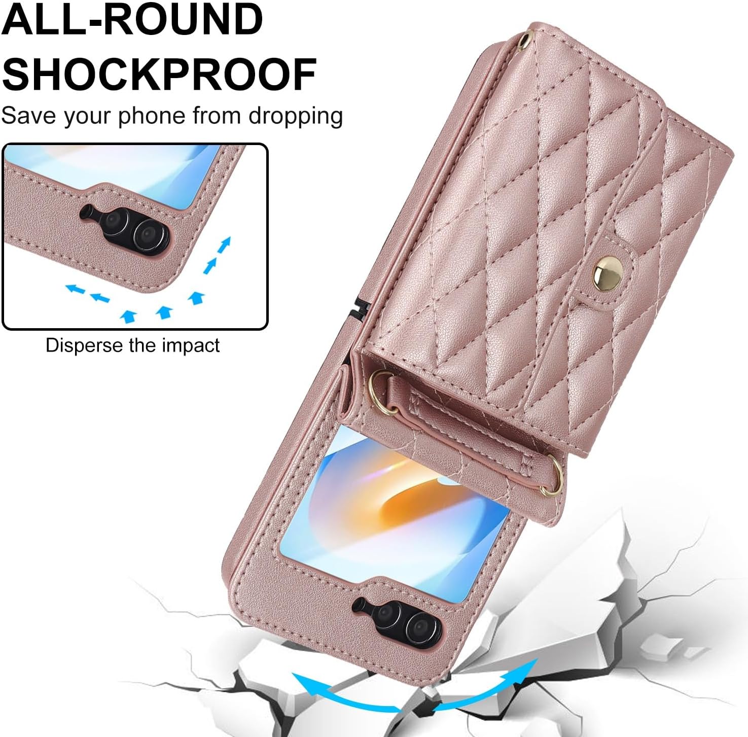 for Samsung Galaxy Z Flip 6 Accordion Crossbody Wallet Case, 4 Card Slots, RFID Blocking, and Adjustable Strap - Stylish and Versatile Accessory for The Modern Chic Woman (Rose Gold)