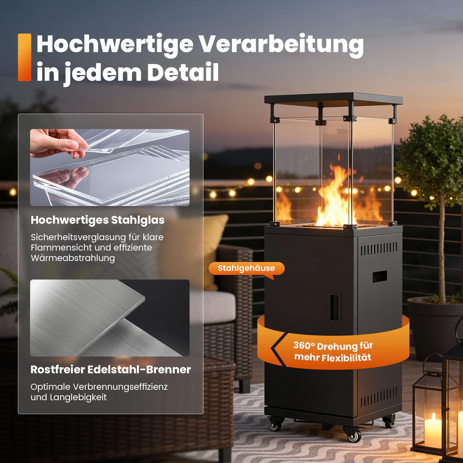Sweetcrispy Heizstrahler Terrasse Gas 11 kW, Terrassenheizer, Propan Butan Gasheizstrahler, Mobiler Tragbarer Heizpilz, 360° Rollen Kippschutz, Gasheizung Gasheizer für Outdoor Garten, Schwarz