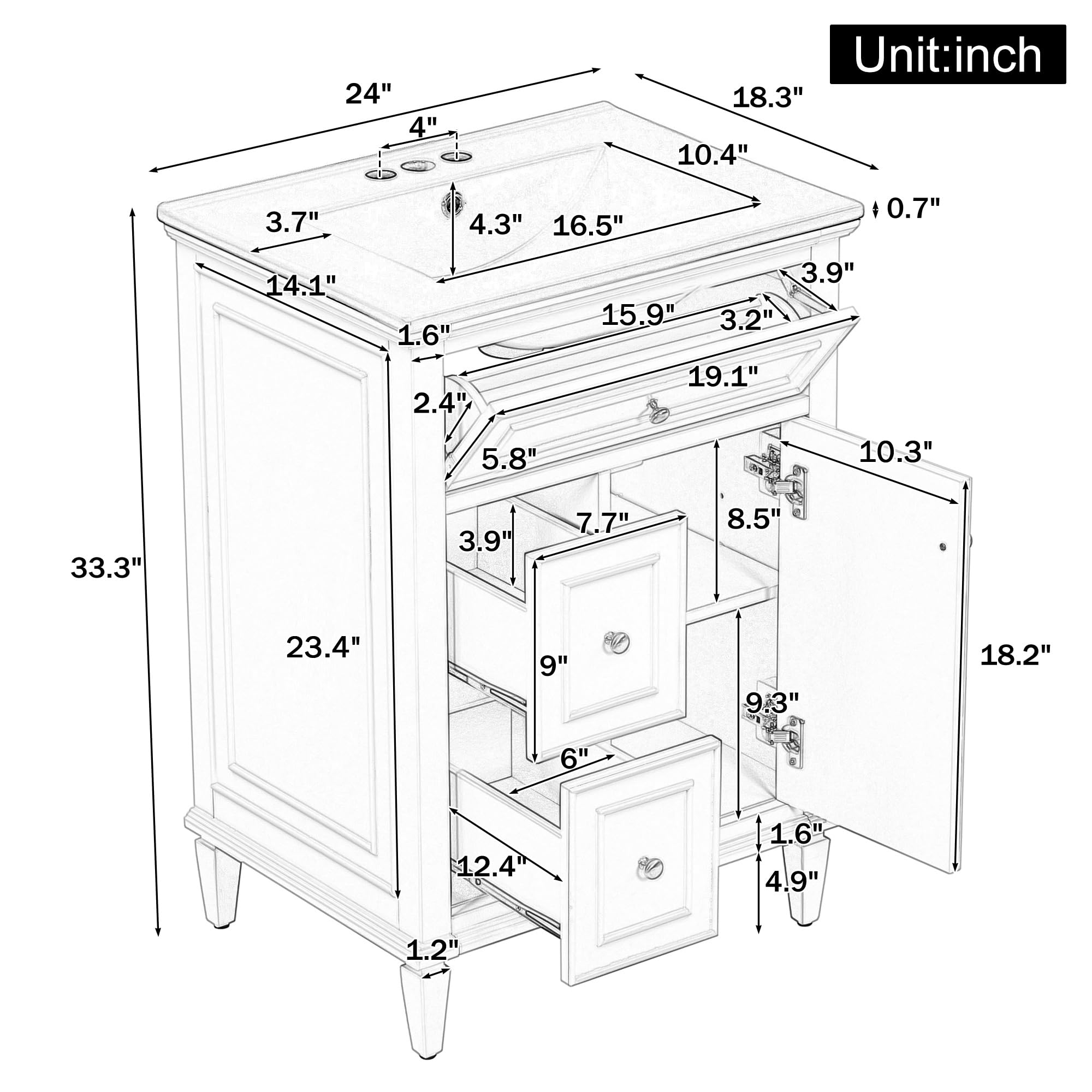 Harper & Bright Designs 24 Inch Bathroom Vanity with Sink, Solid Wood Bathroom Sink Vanity with Drawers, Freestanding Bathroom Vanities with
